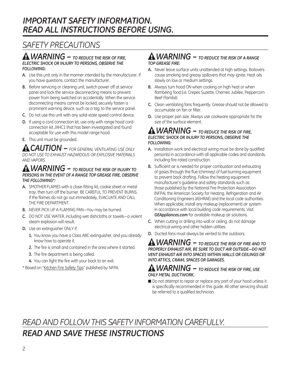 Caution, Warning | GE JV347HWW User Manual | Page 2 / 16