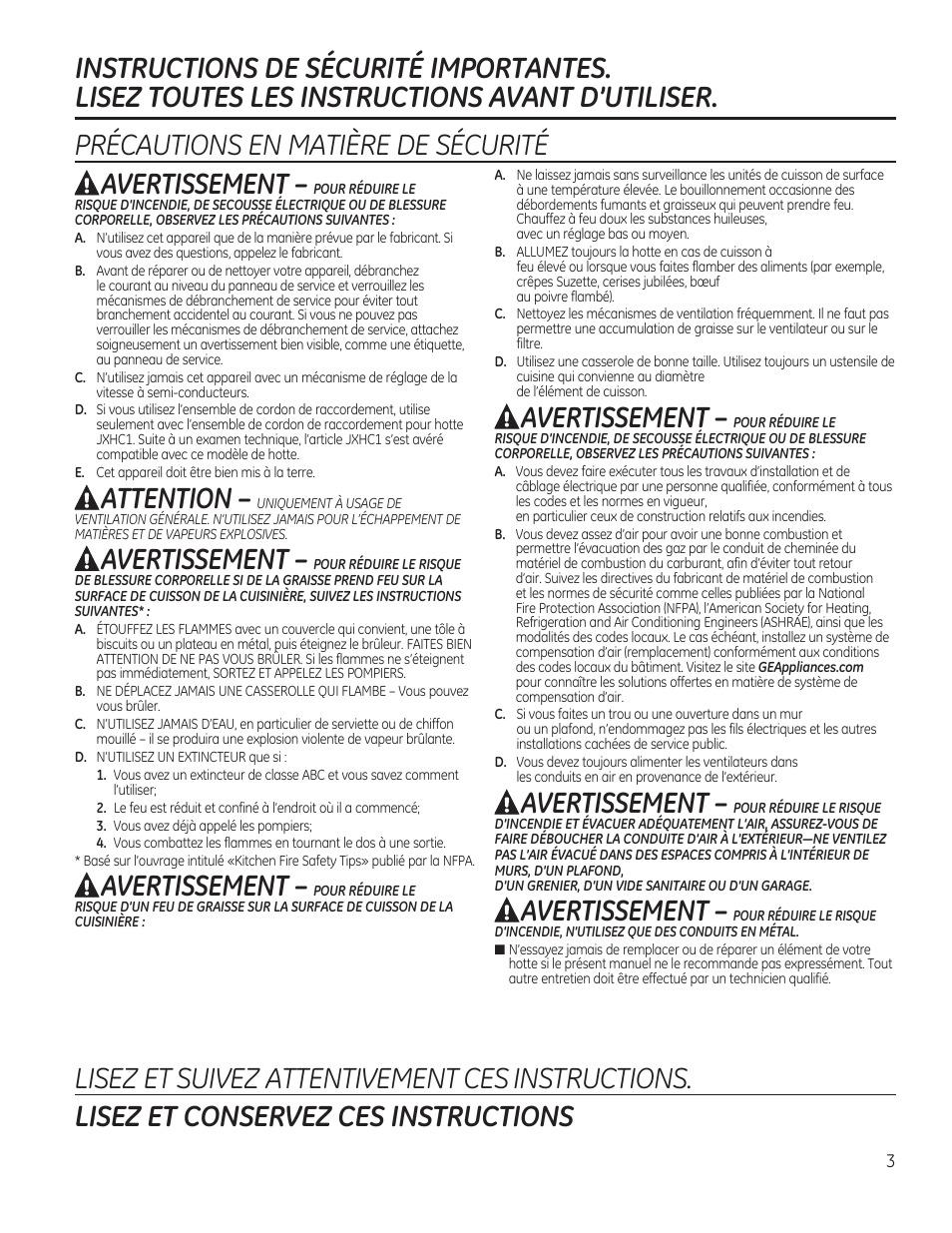 Attention, Avertissement | GE JV347HWW User Manual | Page 3 / 16