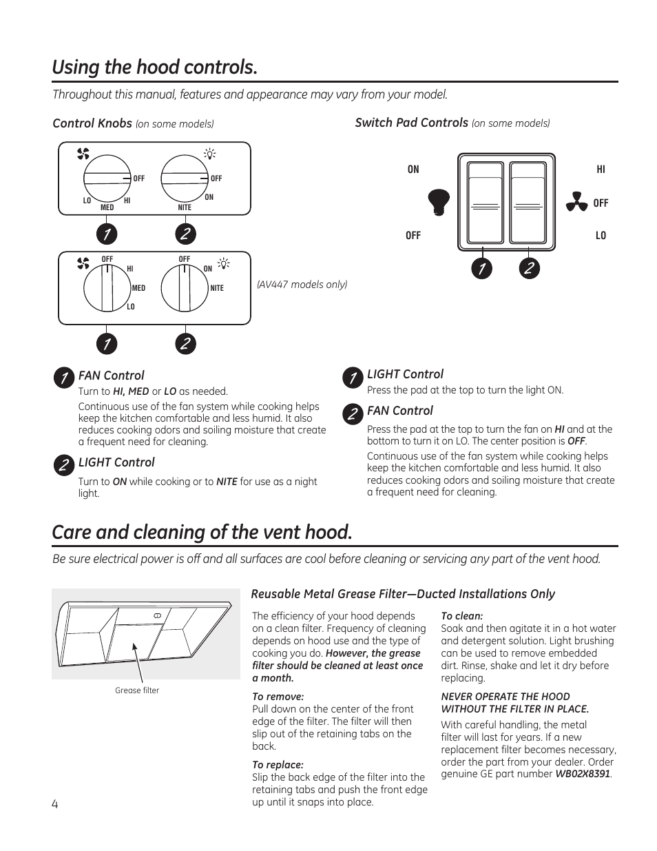 Using the hood controls, Care and cleaning of the vent hood | GE JV347HWW User Manual | Page 4 / 16