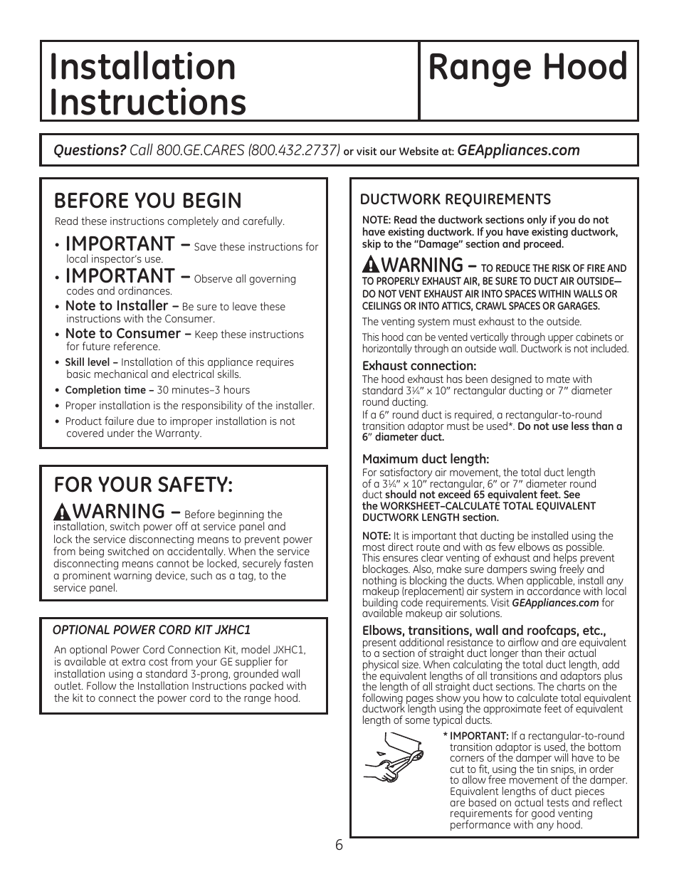 Installation range hood, Instructions, Before you begin | Important, Warning | GE JV347HWW User Manual | Page 6 / 16