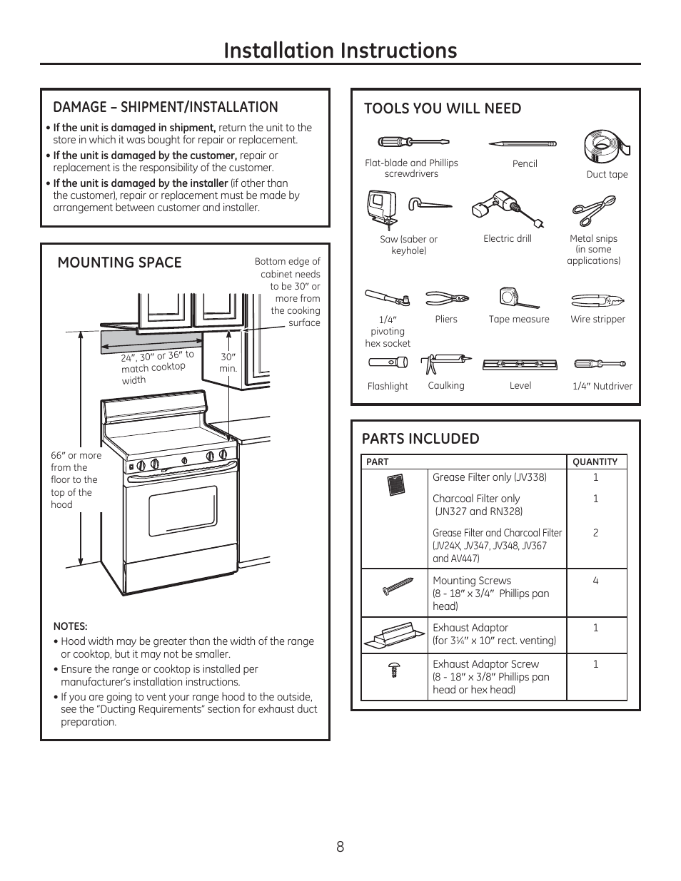 Installation instructions | GE JV347HWW User Manual | Page 8 / 16