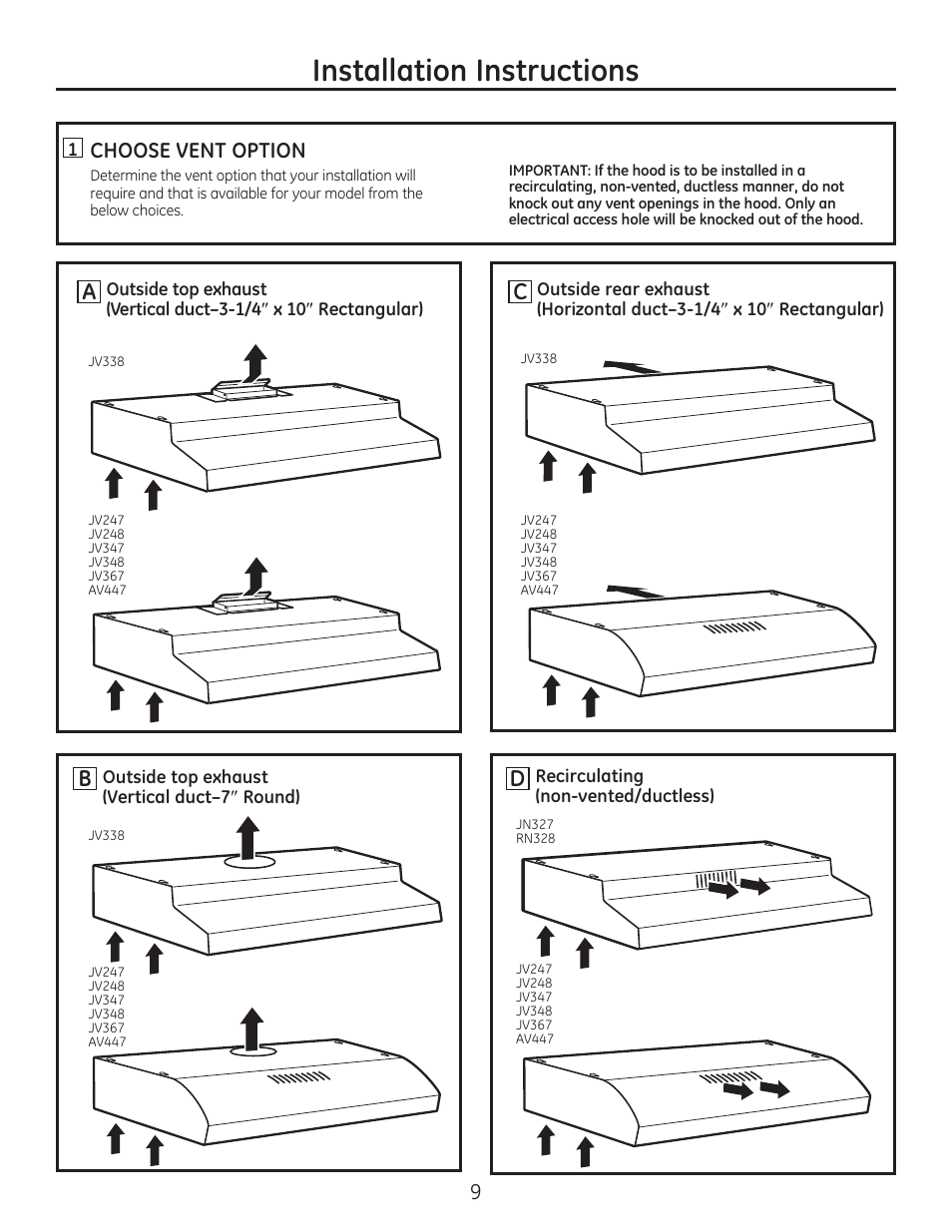 Installation instructions, Ac b | GE JV347HWW User Manual | Page 9 / 16