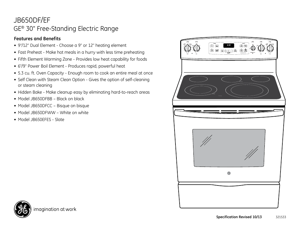 Jb650df/ef, 30" free-standing electric range, Jb650df | GE JB650EFES User Manual | Page 2 / 2
