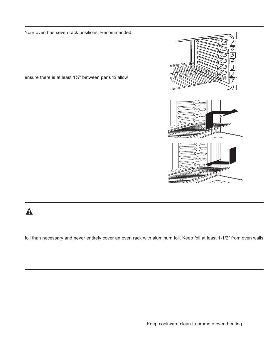 Cookware, Aluminum foil and oven liners, Caution | GE JD630DFWW User Manual | Page 14 / 56