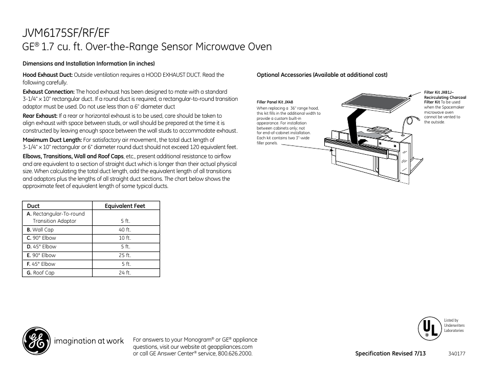 Jvm6175sf/rf/ef, 7 cu. ft. over-the-range sensor microwave oven | GE JVM6175RFSS User Manual | Page 2 / 3