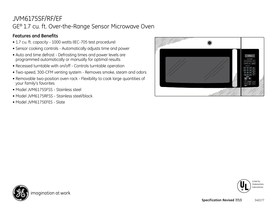 Jvm6175sf/rf/ef, 7 cu. ft. over-the-range sensor microwave oven | GE JVM6175RFSS User Manual | Page 3 / 3