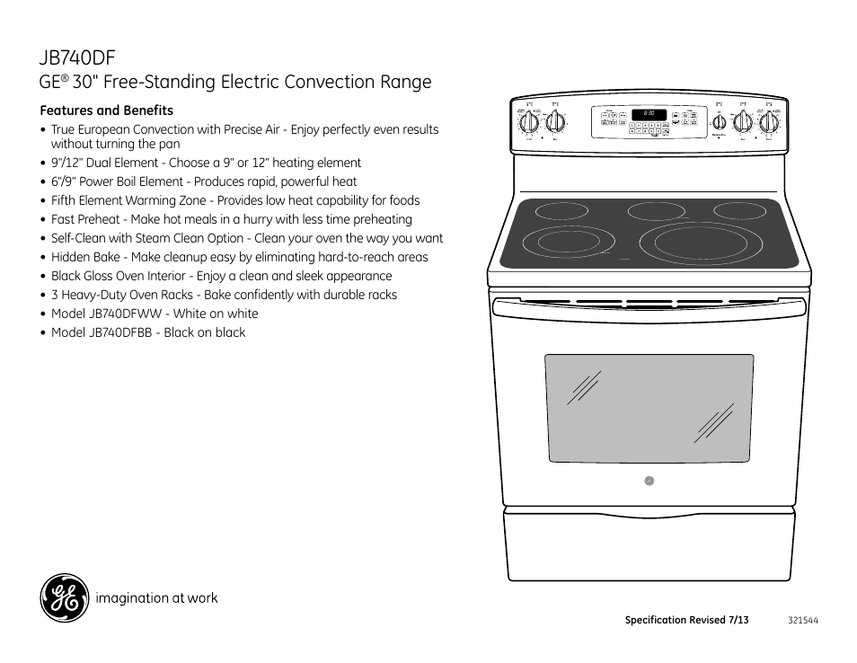 Jb740df, 30" free-standing electric convection range | GE JB740DFWW User Manual | Page 2 / 2