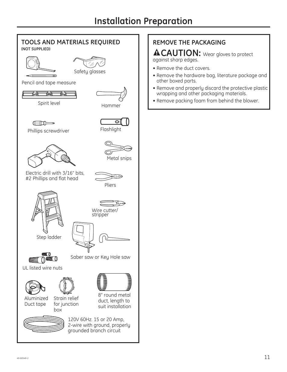 Installation preparation, Caution | GE PV970NSS User Manual | Page 11 / 52