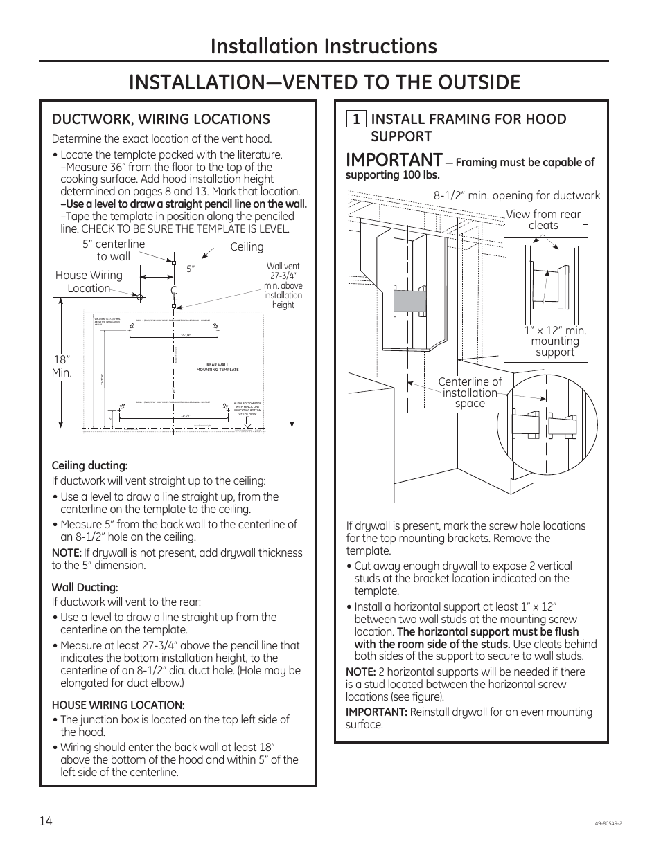 Installation instructions, Important, 1 install framing for hood support | Ductwork, wiring locations | GE PV970NSS User Manual | Page 14 / 52