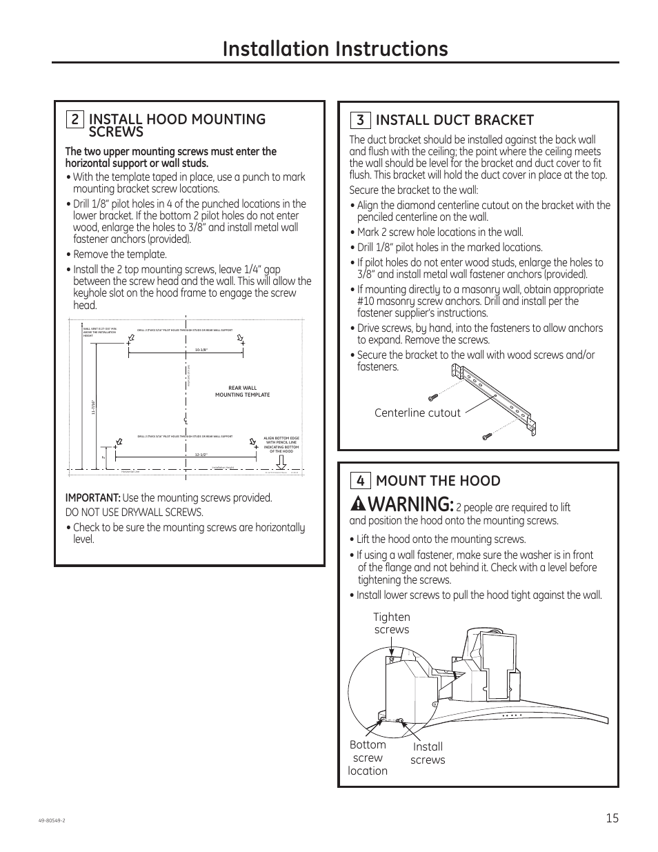 Installation instructions, Warning, 3 install duct bracket | 2 install hood mounting screws, 4 mount the hood, Bottom screw location | GE PV970NSS User Manual | Page 15 / 52
