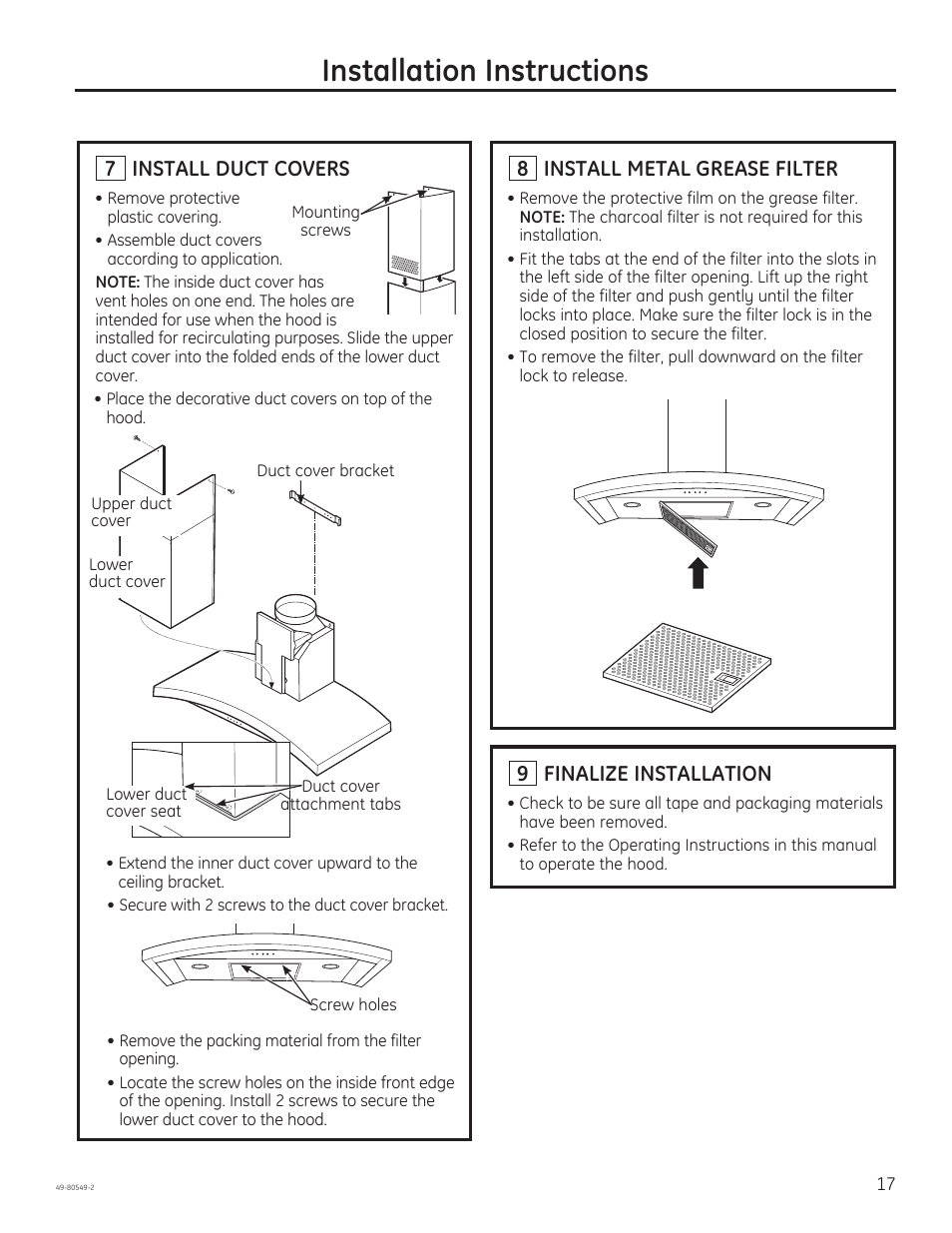 Installation instructions, 7 install duct covers, 8 install metal grease filter | 9 finalize installation | GE PV970NSS User Manual | Page 17 / 52