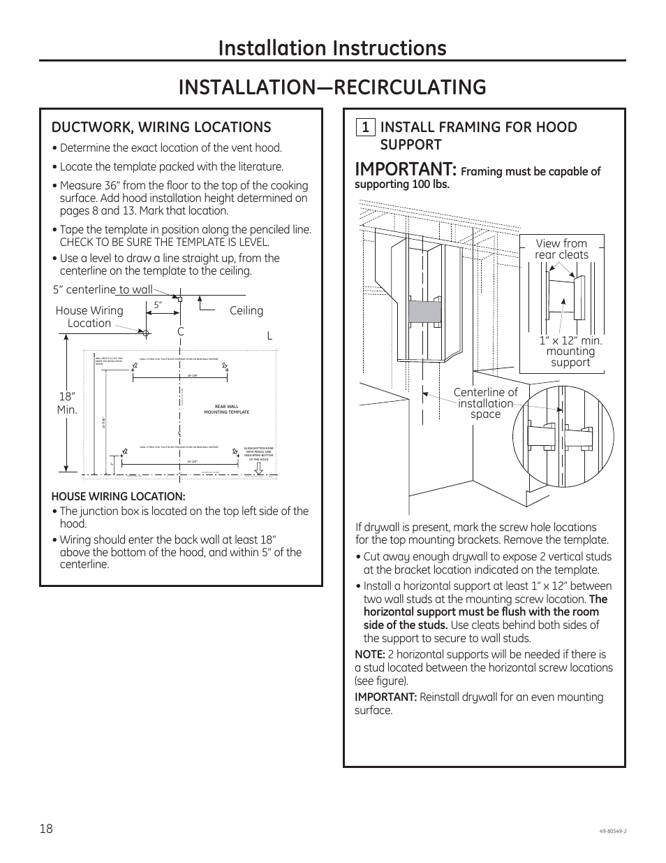 Important, Ductwork, wiring locations, 1 install framing for hood support | Ceiling house wiring location c l | GE PV970NSS User Manual | Page 18 / 52