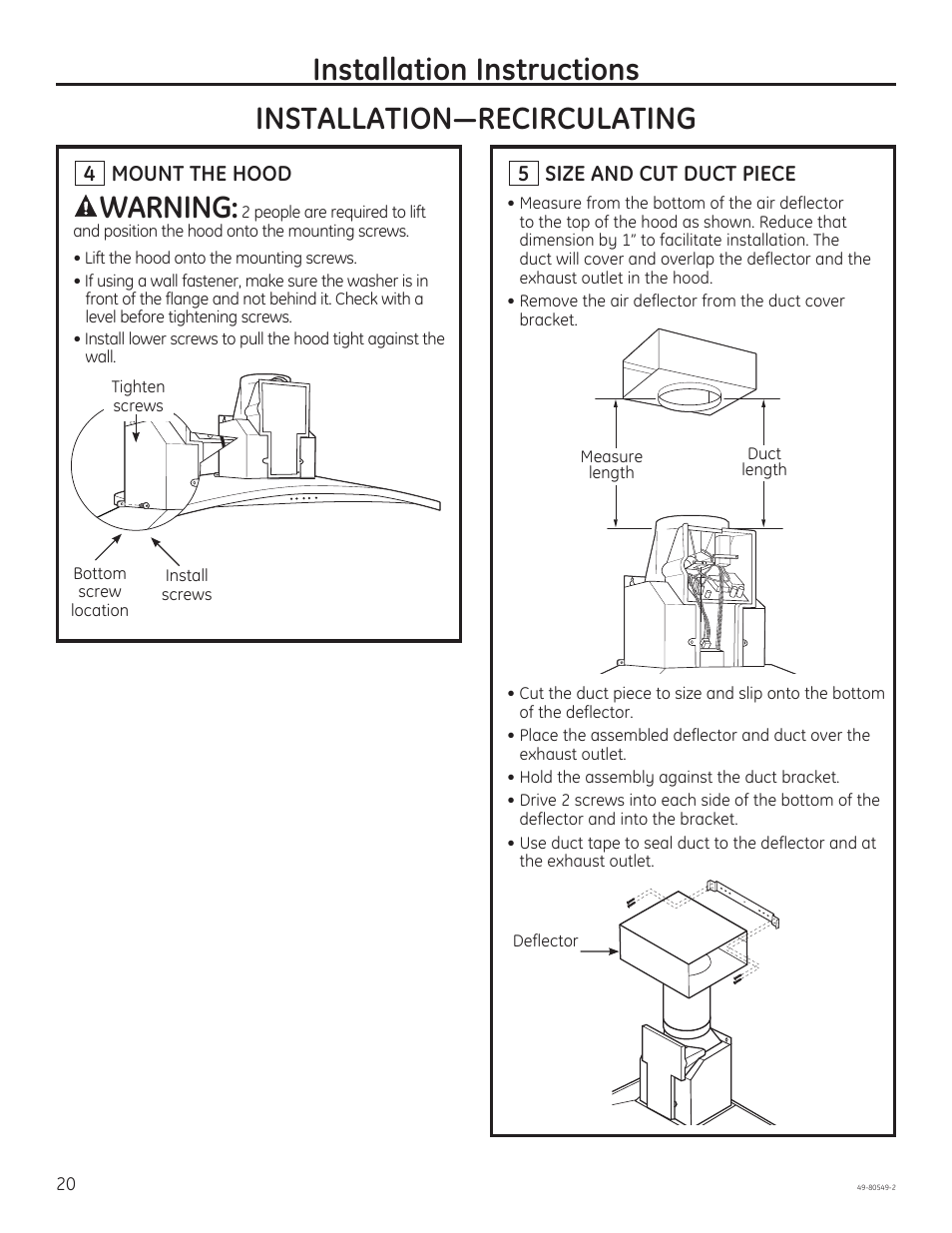 Installation instructions, Warning | GE PV970NSS User Manual | Page 20 / 52