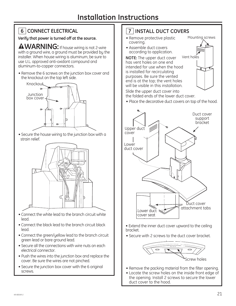 Installation instructions, Warning, 6 connect electrical | 7 install duct covers | GE PV970NSS User Manual | Page 21 / 52