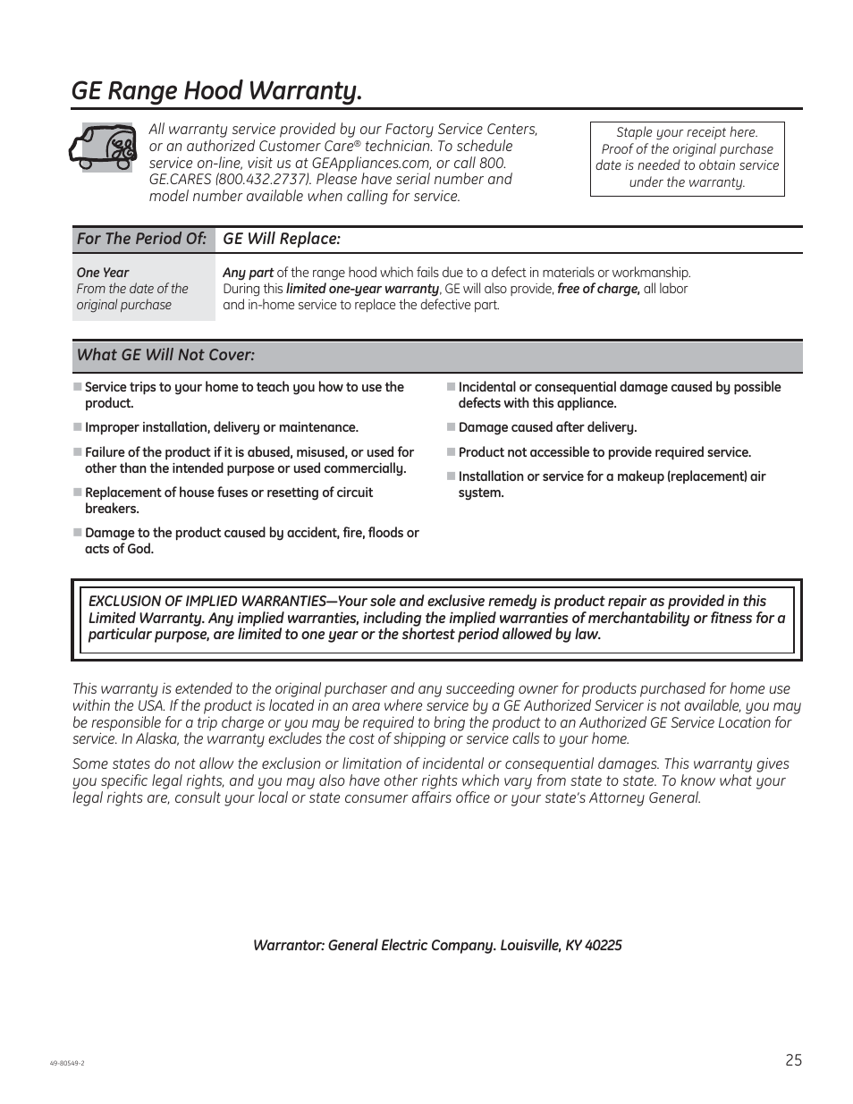 Ge range hood warranty | GE PV970NSS User Manual | Page 25 / 52