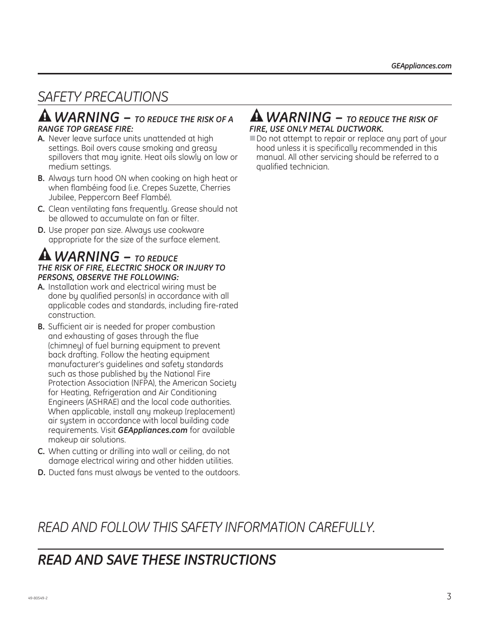 Safety precautions, Warning | GE PV970NSS User Manual | Page 3 / 52