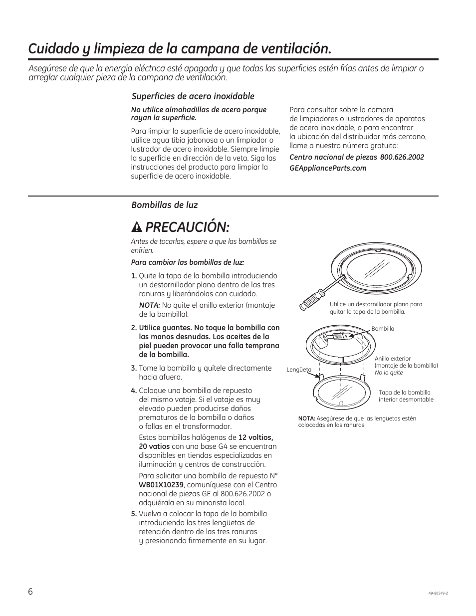 Cuidado y limpieza de la campana de ventilación, Precaución | GE PV970NSS User Manual | Page 32 / 52