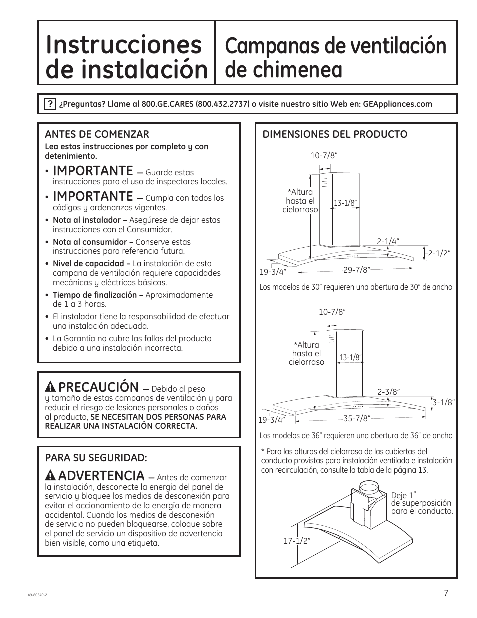 Instrucciones, De instalación, Campanas de ventilación | De chimenea, Importante, Advertencia, Precaución | GE PV970NSS User Manual | Page 33 / 52