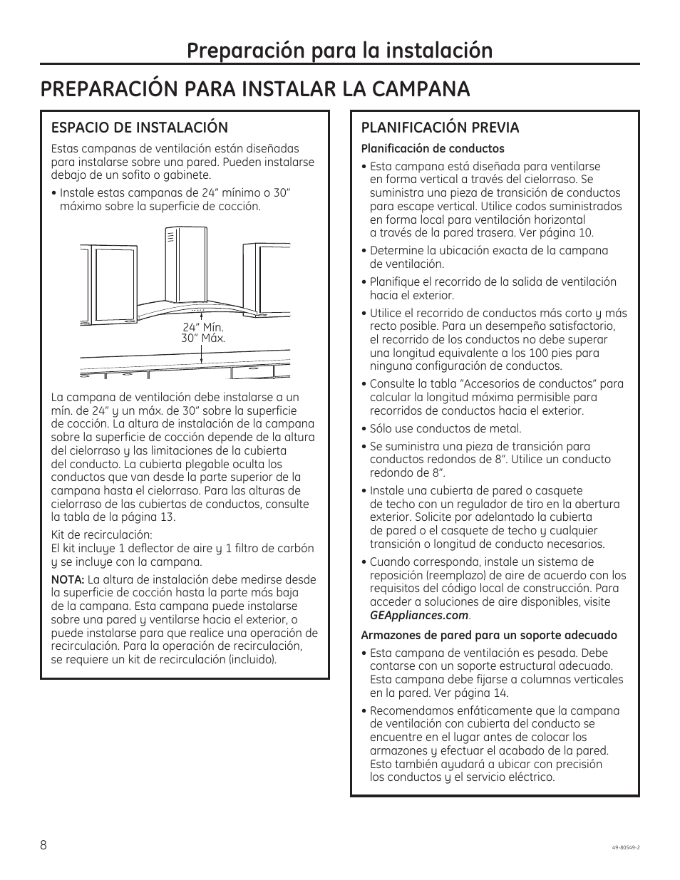 Espacio de instalación, Planificación previa | GE PV970NSS User Manual | Page 34 / 52