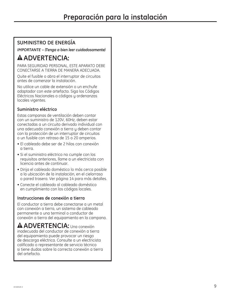 Preparación para la instalación, Advertencia | GE PV970NSS User Manual | Page 35 / 52