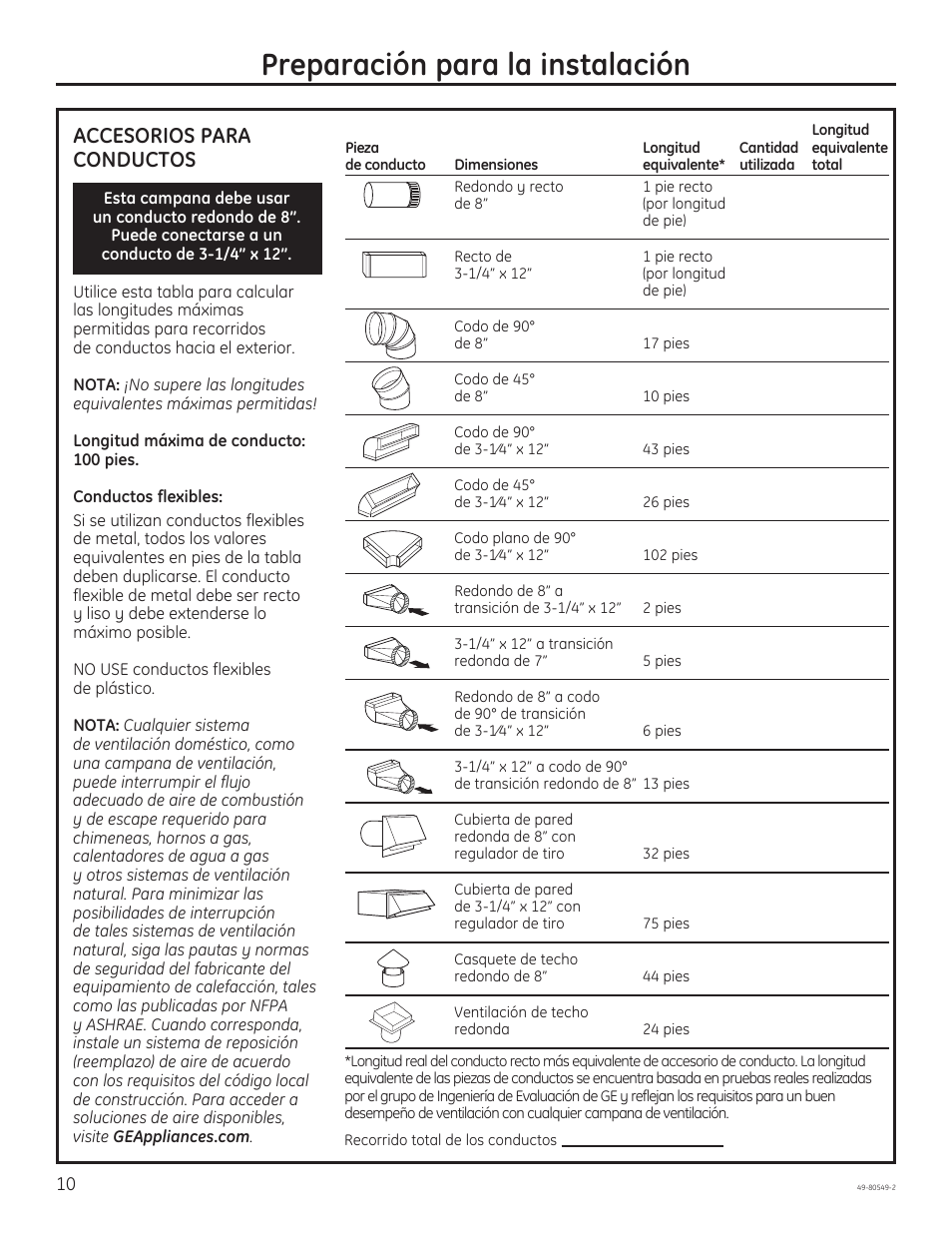 Preparación para la instalación, Accesorios para conductos | GE PV970NSS User Manual | Page 36 / 52