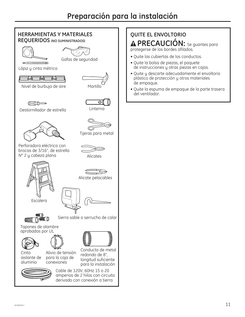 Preparación para la instalación, Precaución | GE PV970NSS User Manual | Page 37 / 52