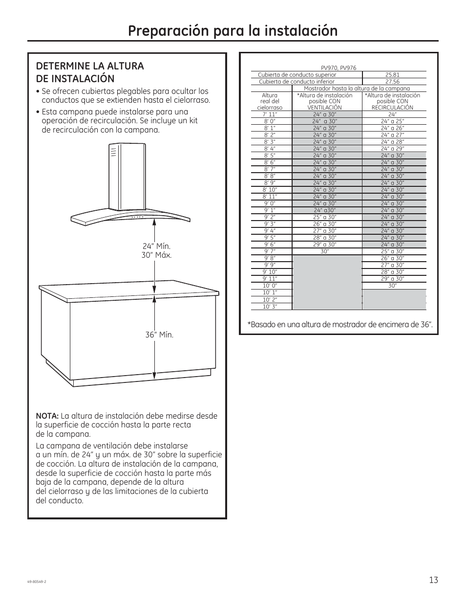 Preparación para la instalación, Determine la altura de instalación | GE PV970NSS User Manual | Page 39 / 52