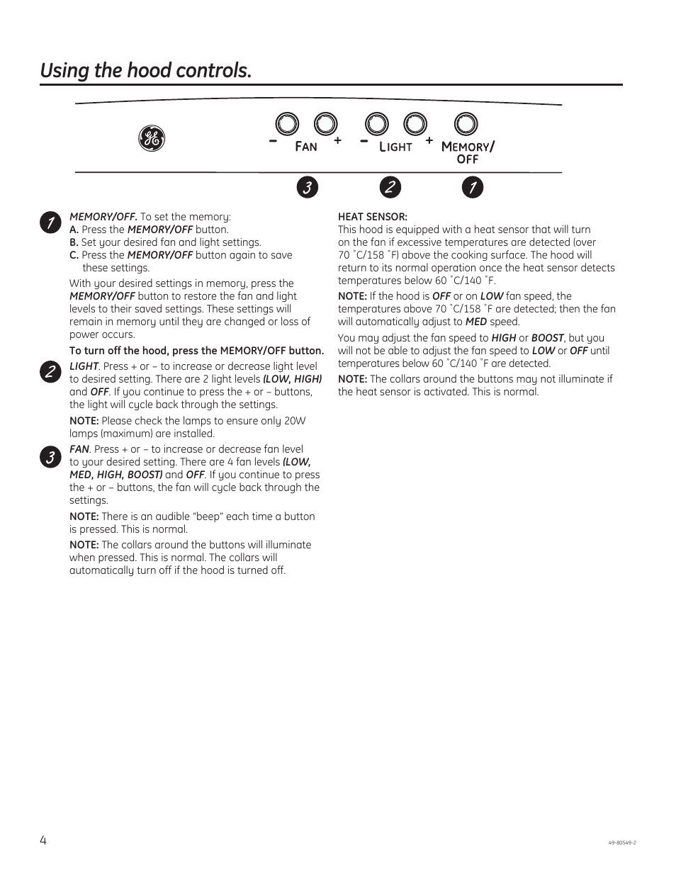 Using the hood controls | GE PV970NSS User Manual | Page 4 / 52