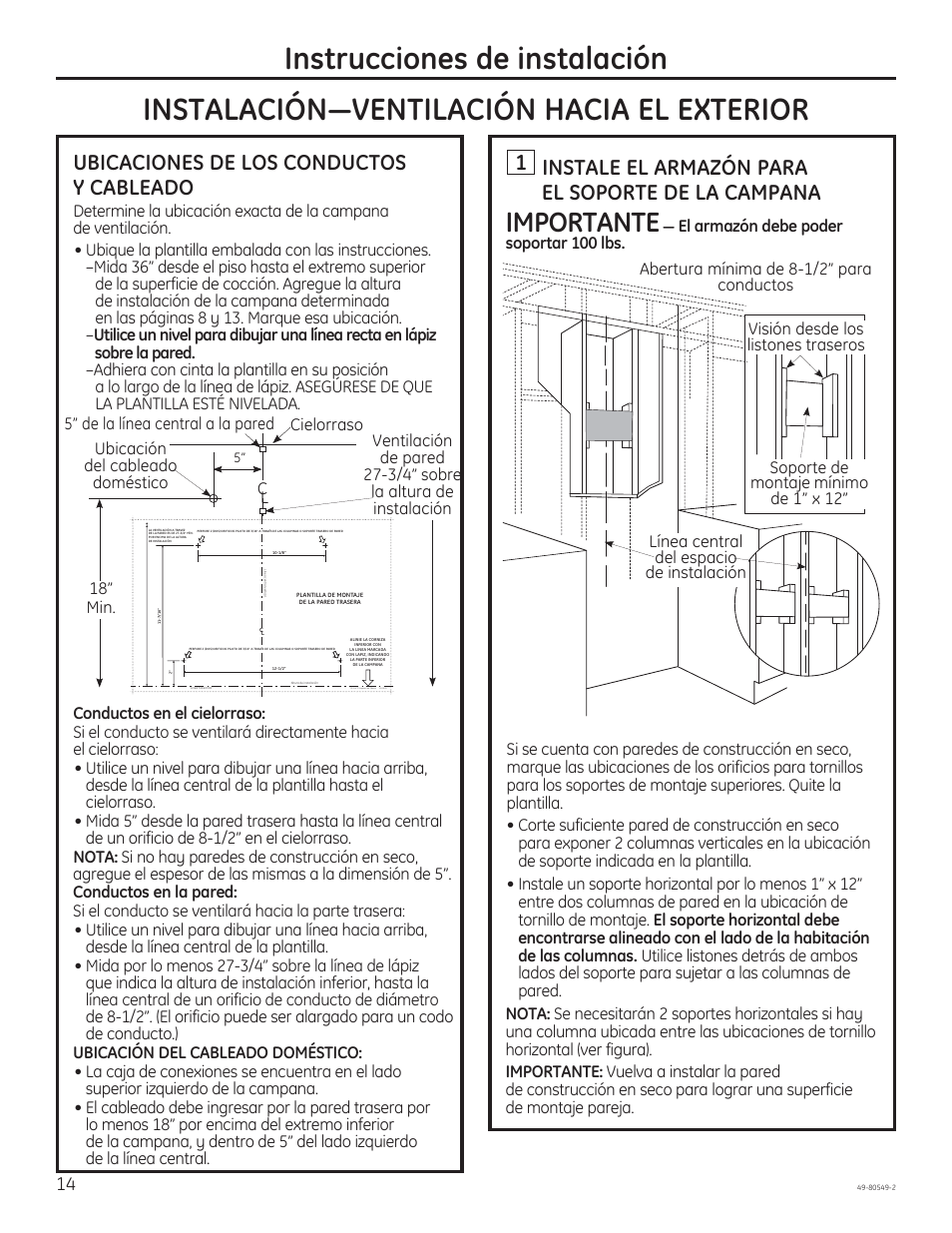 Instrucciones de instalación, Importante, 1 instale el armazón para el soporte de la campana | Ubicaciones de los conductos y cableado | GE PV970NSS User Manual | Page 40 / 52