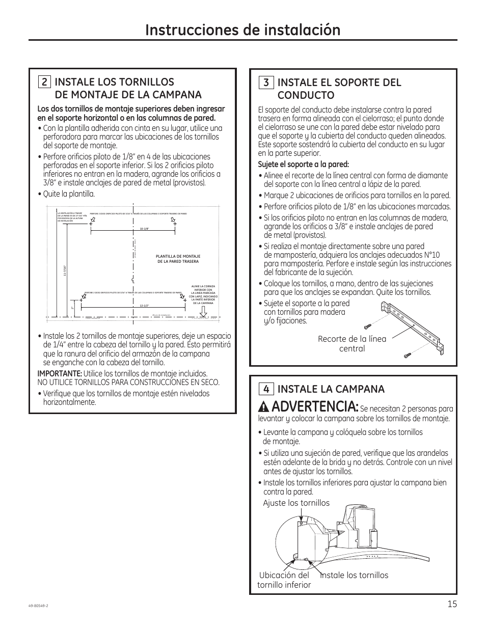 Instrucciones de instalación, Advertencia, 3 instale el soporte del conducto | 2 instale los tornillos de montaje de la campana, 4 instale la campana | GE PV970NSS User Manual | Page 41 / 52