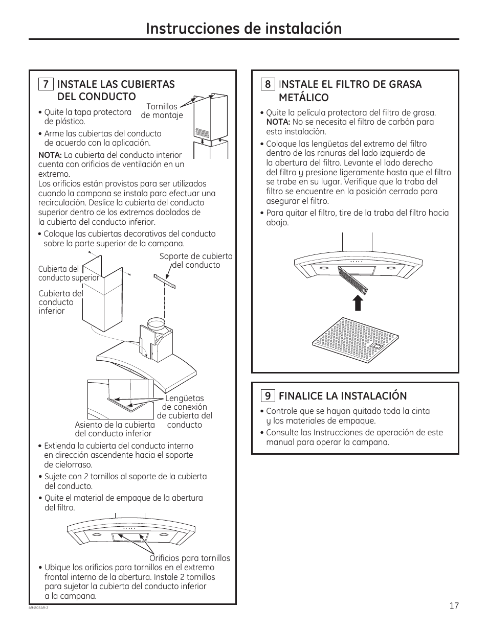 Instrucciones de instalación, 7 instale las cubiertas del conducto, 8 i nstale el filtro de grasa metálico | 9 finalice la instalación | GE PV970NSS User Manual | Page 43 / 52