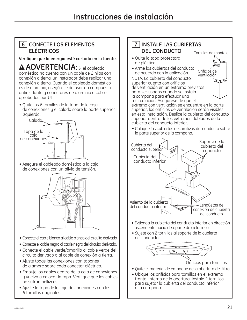 Instrucciones de instalación, Advertencia, 6 conecte los elementos eléctricos | 7 instale las cubiertas del conducto | GE PV970NSS User Manual | Page 47 / 52