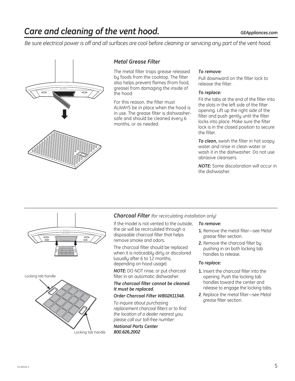 Care and cleaning of the vent hood | GE PV970NSS User Manual | Page 5 / 52