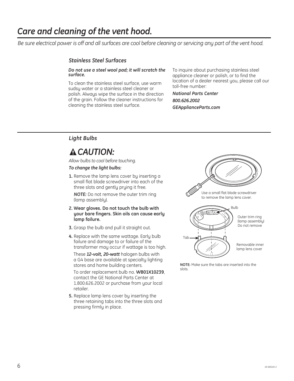 Care and cleaning of the vent hood, Caution | GE PV970NSS User Manual | Page 6 / 52