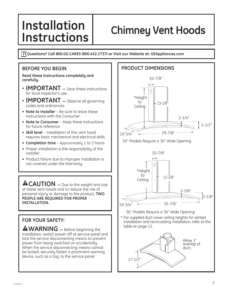 Installation, Instructions, Chimney vent hoods | Important, Warning, Caution | GE PV970NSS User Manual | Page 7 / 52