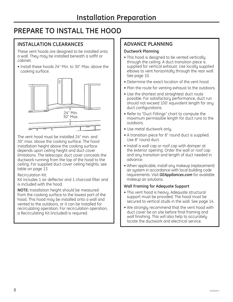Installation clearances, Advance planning | GE PV970NSS User Manual | Page 8 / 52