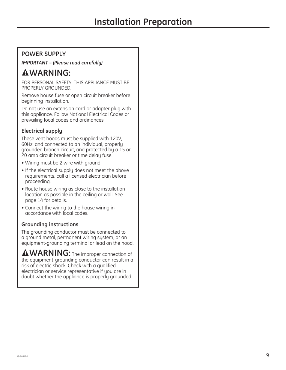 Installation preparation, Warning | GE PV970NSS User Manual | Page 9 / 52