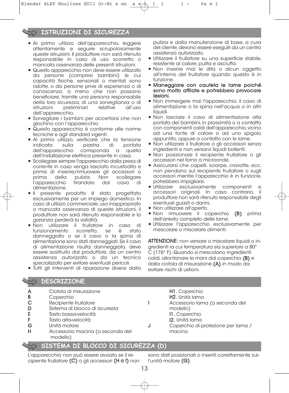 13 istruzioni di sicurezza, Descrizione, Sistema di blocco di sicurezza (d) | Moulinex MINI MULTI DELUXE LM125G User Manual | Page 16 / 60