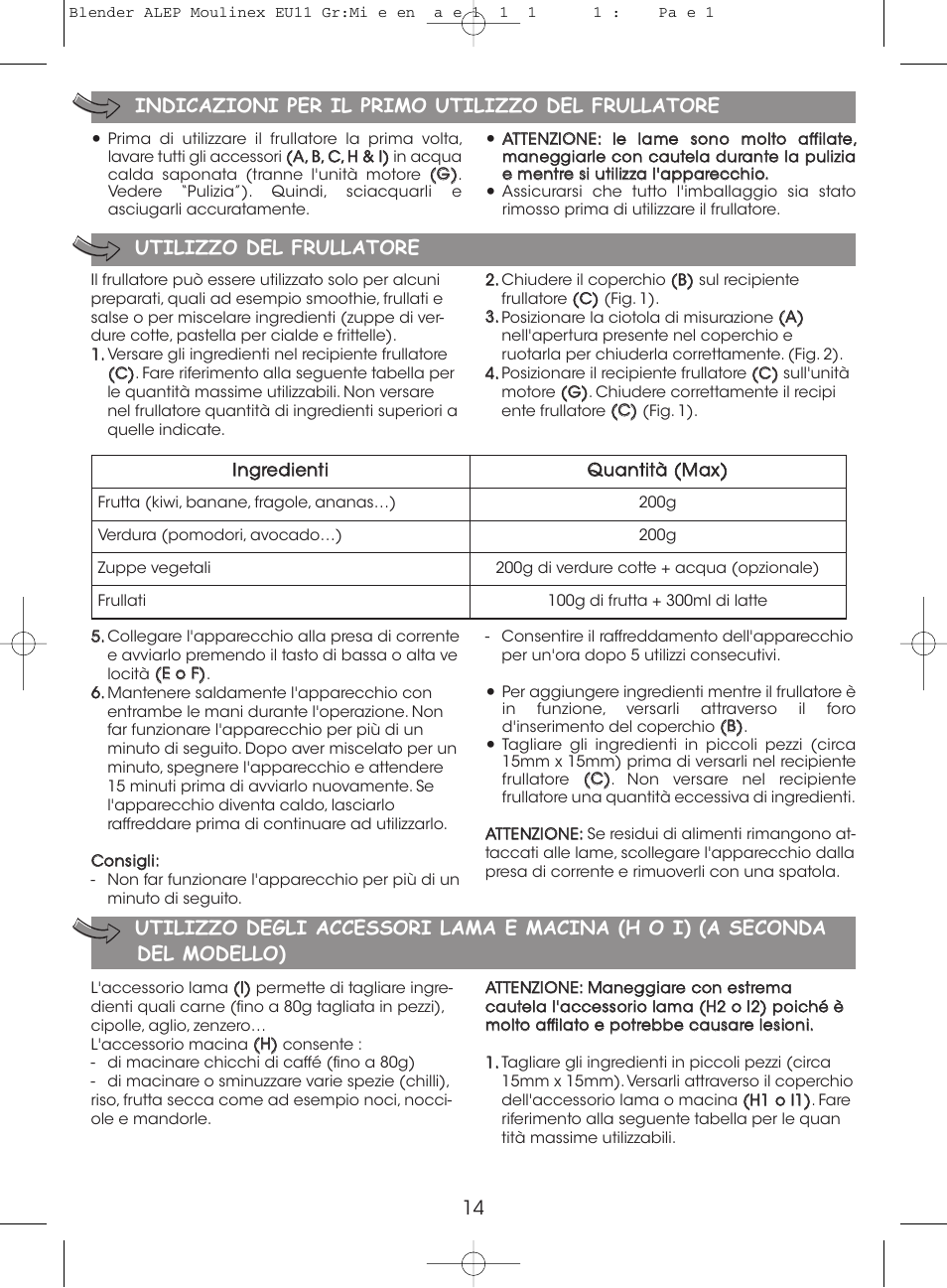 Utilizzo del frullatore | Moulinex MINI MULTI DELUXE LM125G User Manual | Page 17 / 60