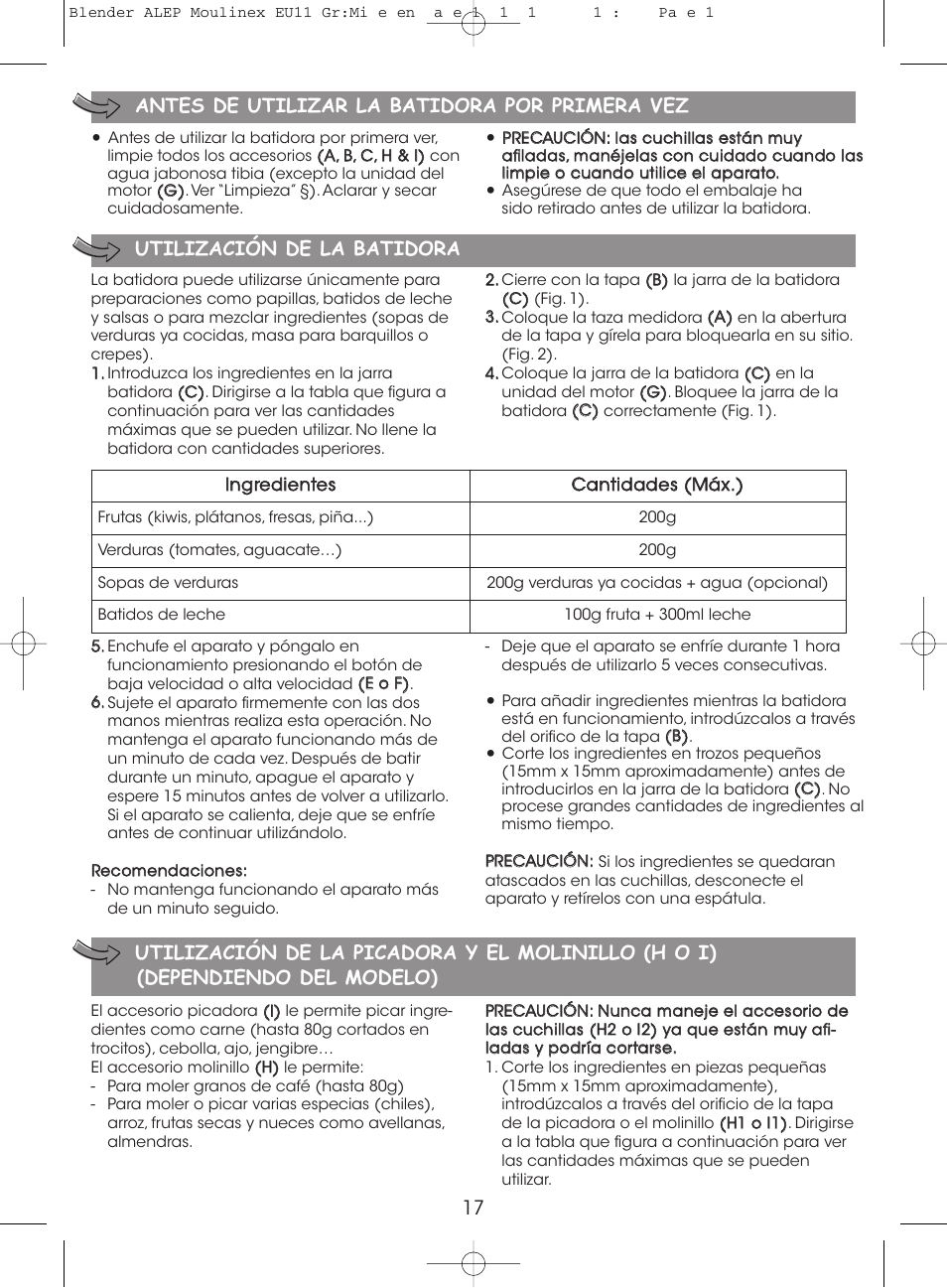 17 antes de utilizar la batidora por primera vez, Utilización de la batidora | Moulinex MINI MULTI DELUXE LM125G User Manual | Page 20 / 60