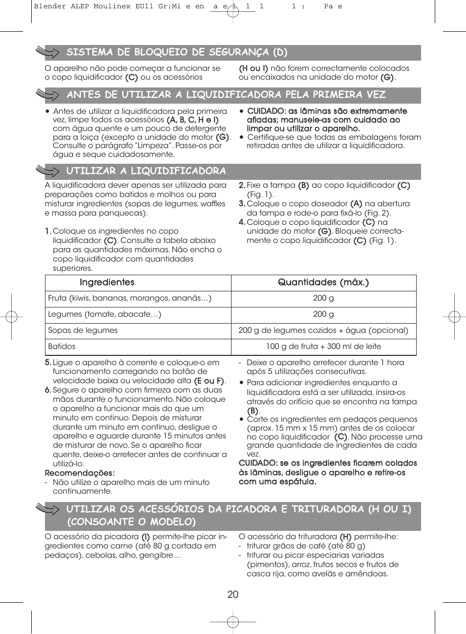 20 sistema de bloqueio de segurança (d), Utilizar a liquidificadora | Moulinex MINI MULTI DELUXE LM125G User Manual | Page 23 / 60
