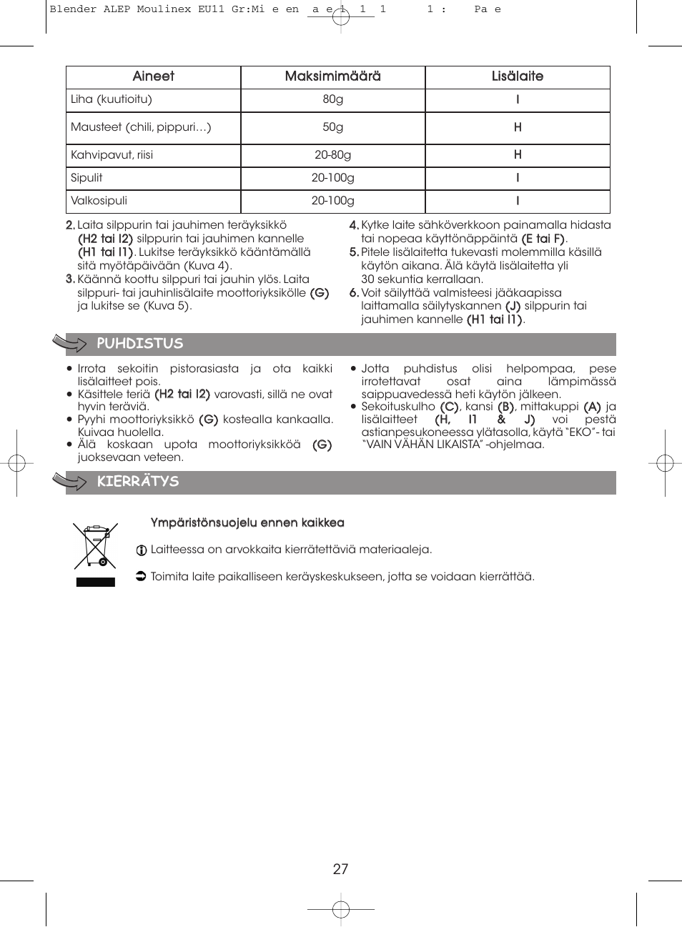 Puhdistus, Kierrätys | Moulinex MINI MULTI DELUXE LM125G User Manual | Page 30 / 60