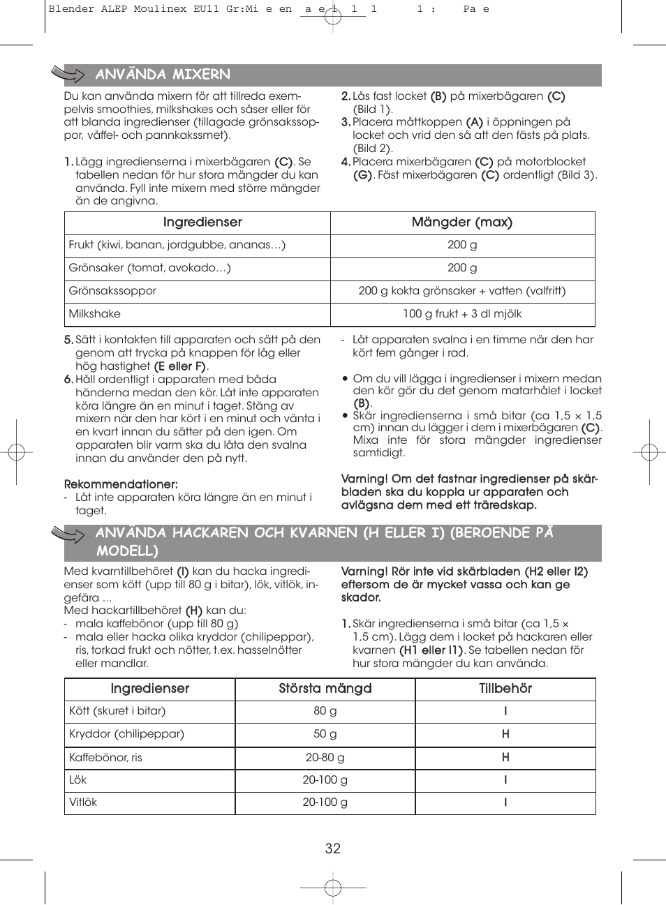 32 använda mixern | Moulinex MINI MULTI DELUXE LM125G User Manual | Page 35 / 60