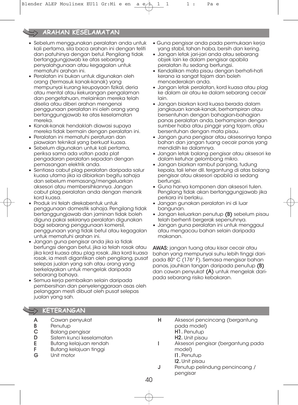 40 arahan keselamatan, Keterangan | Moulinex MINI MULTI DELUXE LM125G User Manual | Page 43 / 60