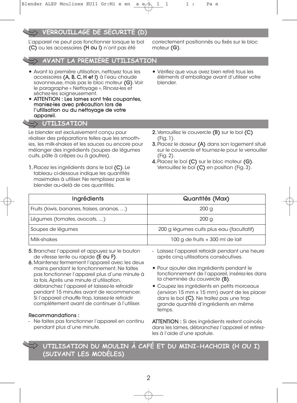 2verrouillage de sécurité (d), Avant la première utilisation, Utilisation | Moulinex MINI MULTI DELUXE LM125G User Manual | Page 5 / 60