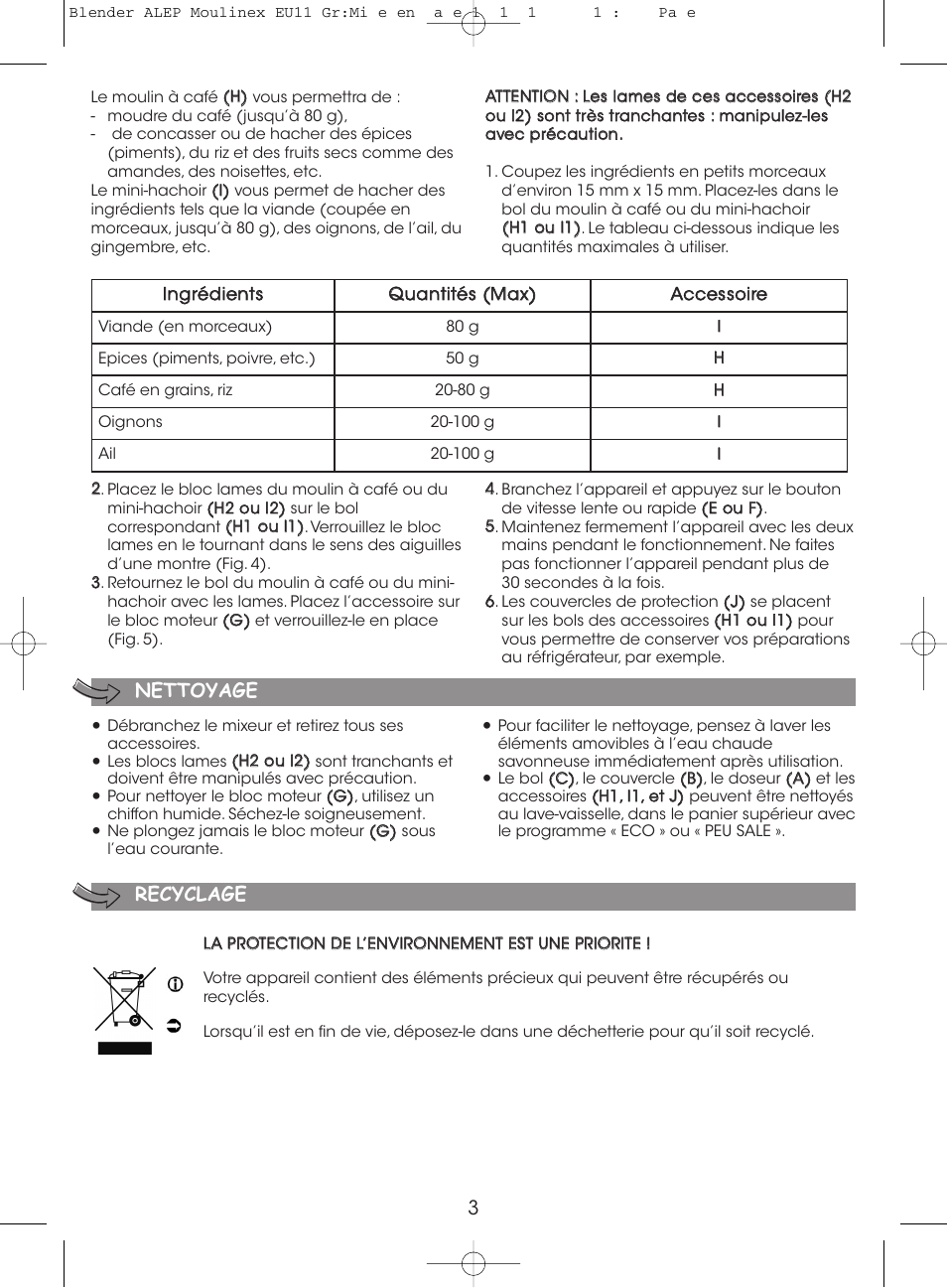 Nettoyage, Recyclage | Moulinex MINI MULTI DELUXE LM125G User Manual | Page 6 / 60