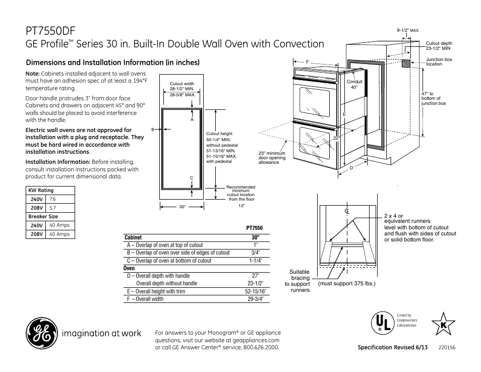 GE PT7550DFBB User Manual | 2 pages