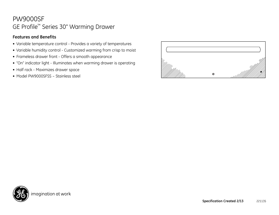 Pw9000sf, Ge profile, Series 30" warming drawer | GE PW9000SFSS User Manual | Page 2 / 2