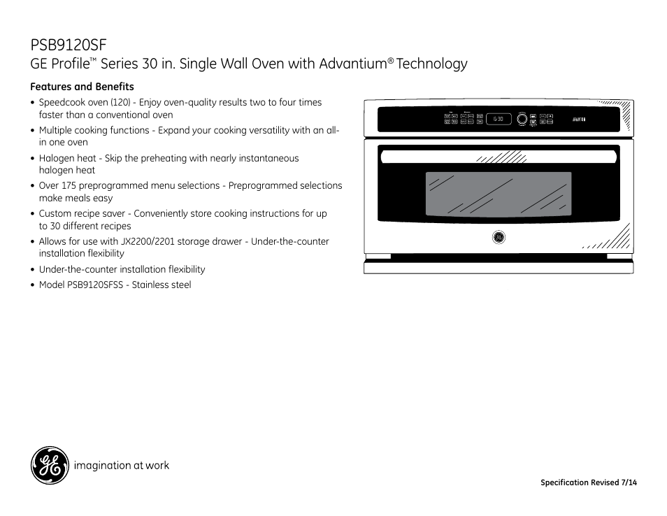 Psb9120sf, Ge profile, Series 30 in. single wall oven with advantium | Technology | GE PSB9120SFSS User Manual | Page 3 / 3