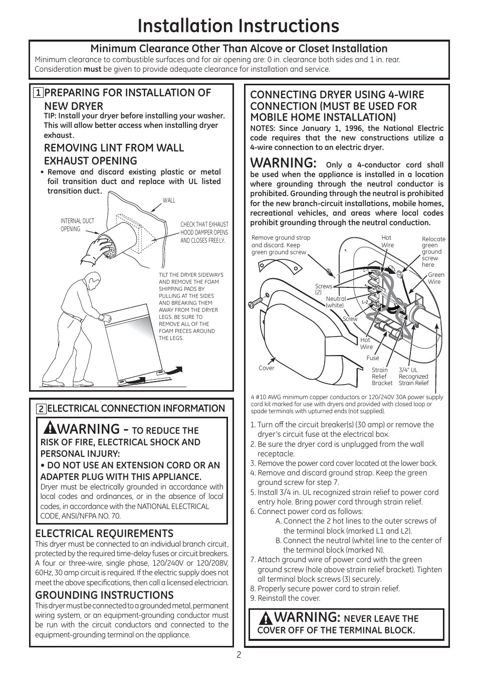 Installation instructions, Warning, Electrical requirements | Grounding instructions, Preparing for installation of new dryer, Removing lint from wall exhaust opening, Electrical connection information | GE GTDX185EDCC User Manual | Page 2 / 8